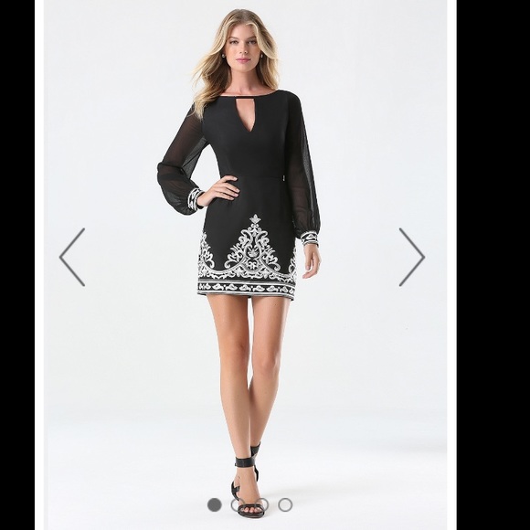 Bebe black long sleeve mini dress w/ white scroll