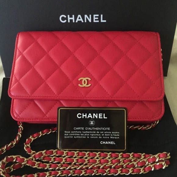 AUTHENTIC CHANEL LAMBSKIN RED WALLET ON CHAIN
