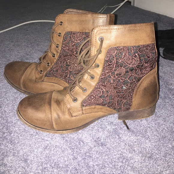 Brown and chestnut colored booties with lace