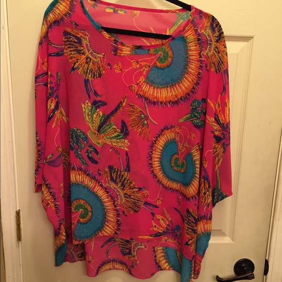 Colorful printed bat wing sleeve sheer top