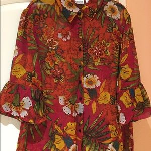 Chico's 100% silk floral 3/4 bell sleeve blouse