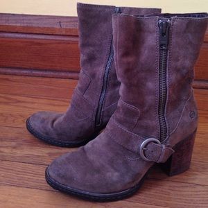 Born short leather heel boots w buckle and zippers