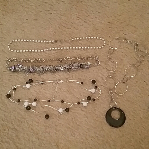 4 necklaces, black/white, silver/purple/sequined