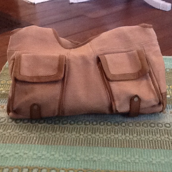 Perlina NY beige taupe fabric and leather purse