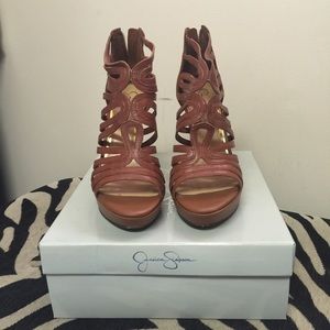 Tan caged platform heels
