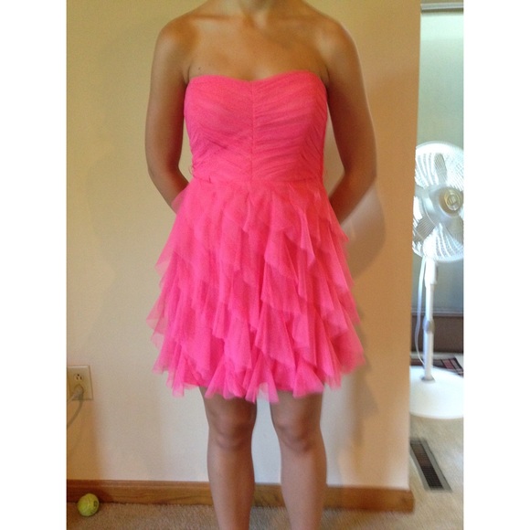 Pink/coral strapless dress with removable belt - Picture 3 of 4