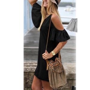 Black cold shoulder shirt dress.