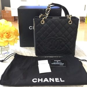 Chanel petite shopping tote black caviar gold