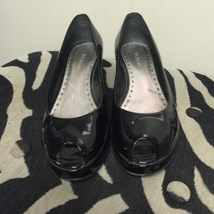 Black patent peep toe, low platform flat