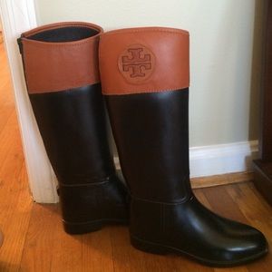 Tory Burch black/camel leather/rubber rain boots.