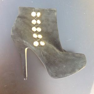 Black suede booties w/ gold details