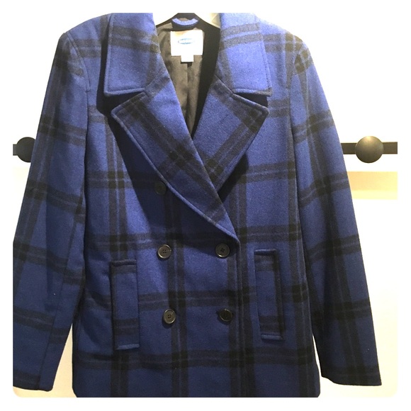 Blue plaid pea coat
