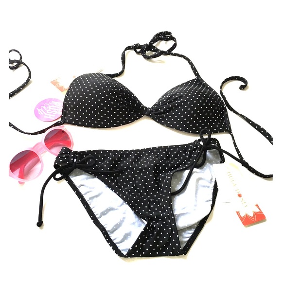NWT. M Top/S Bottom Black Polka Dot Bikini