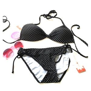 NWT. M Top/S Bottom Black Polka Dot Bikini