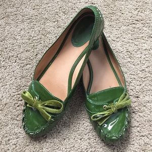Kate Spade Green patent flats, velvet bow detail.