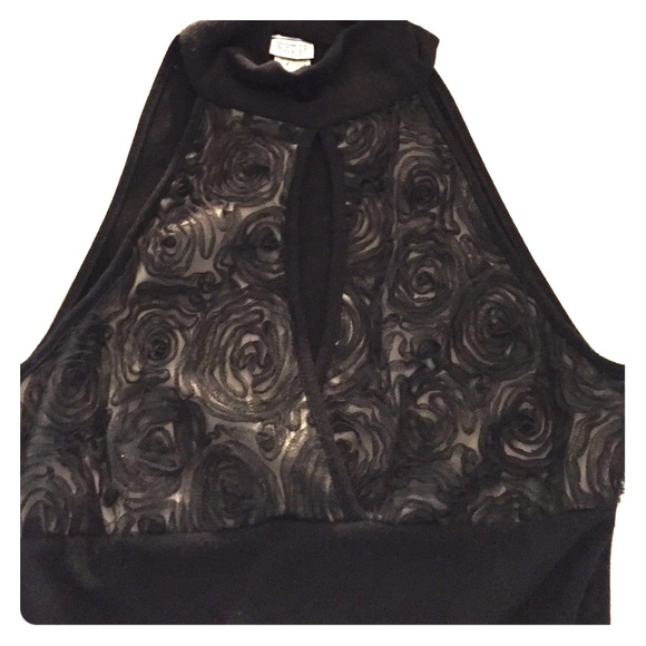 High neck halter turtle top. Rose design. Peekaboo