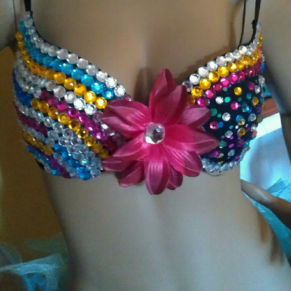 34b multi color rhinestone bra with flower center