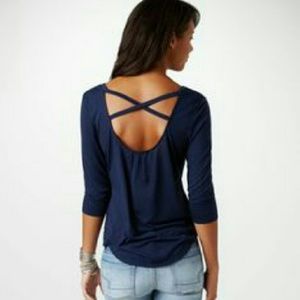 Black criss cross back 3/4 sleeve black shirt