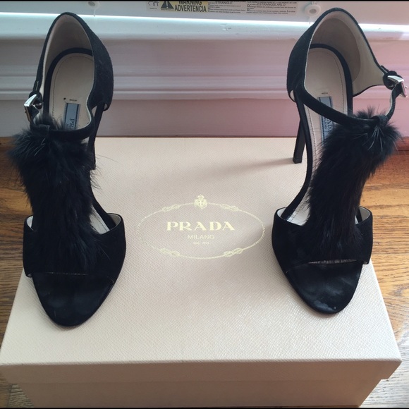 Prada Shoes - Prada Suede T-Strap Fur Sandal, Nero