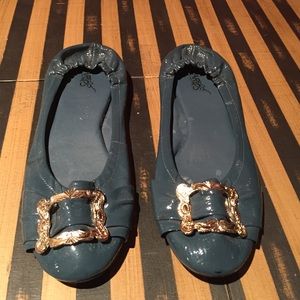 Carlos Santana Slate Blue Patent Flats with Buckle