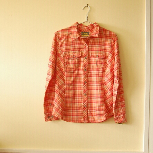 New Cabela's Orange Plaid Button Down Shirt