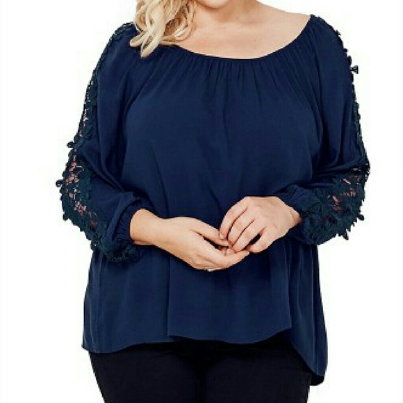 Tops - Navy Crochet Paneled Peasant Top