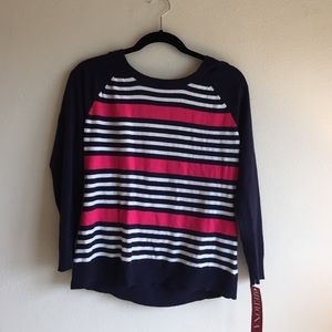 New women's navy, pink and white striped sweater.
