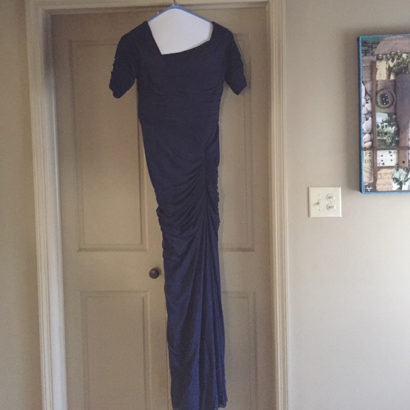 Asymmetrical Ruched Mesh Gown in Indigo Blue