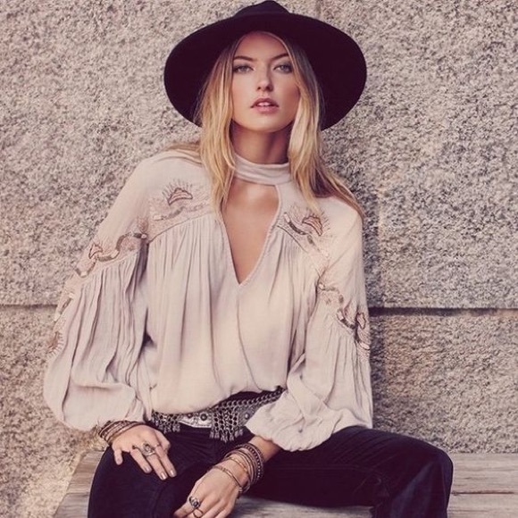Free People Tops - Free People Embroidered Deep V Blouse