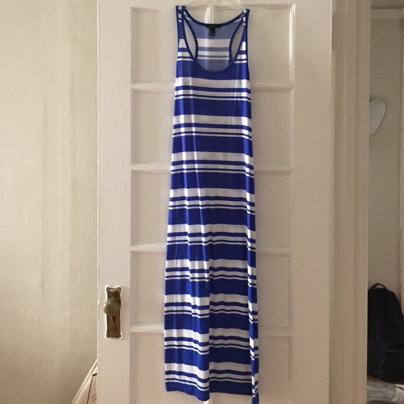 Blue and white striped maxi dress