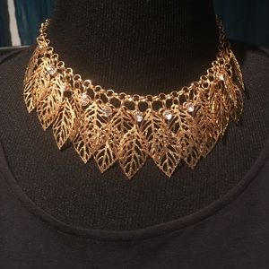 Gold Tone Leaf Design Necklace with Rhinestones