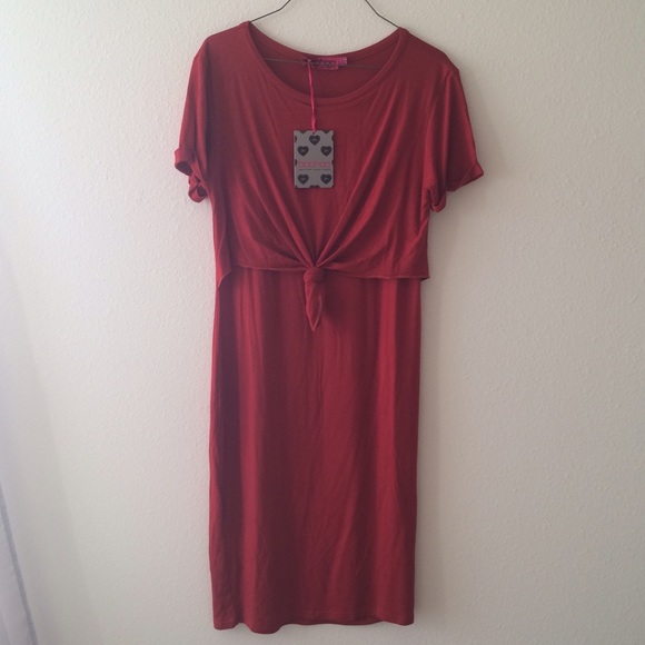 Rust double layer knot tie midi dress