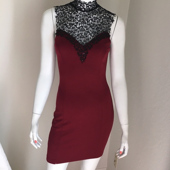 Sexy burgundy and black lace mini dress
