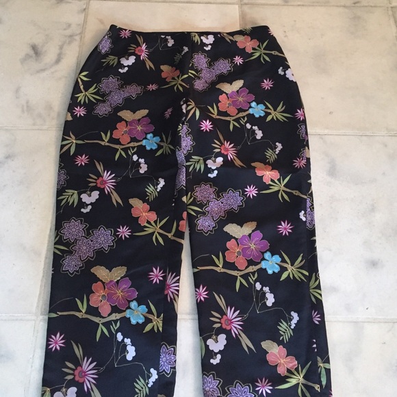 Maggy London Chinese flower print silk pants.