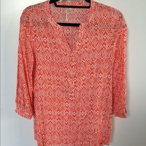 Orange and white batik tunic with 3/4 sleeves