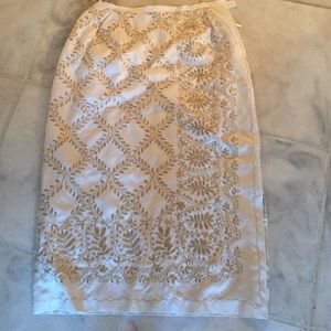 Talbots gold embroidered cream silk skirt.