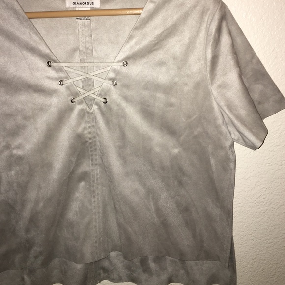 Suede Lace-Up V Neck Blouse - Picture 2 of 4