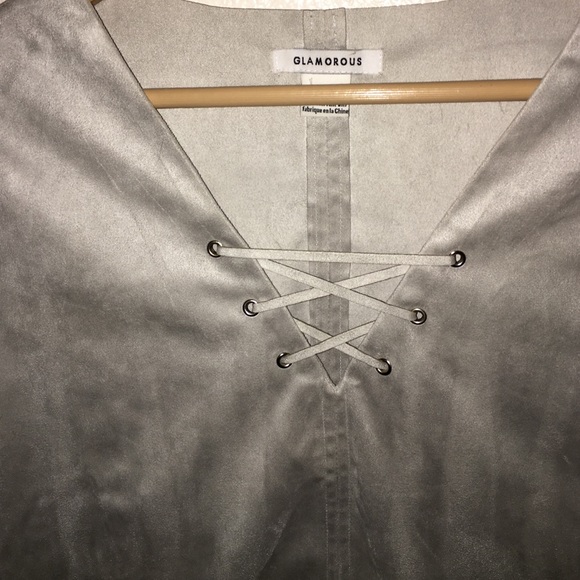 Suede Lace-Up V Neck Blouse - Picture 3 of 4