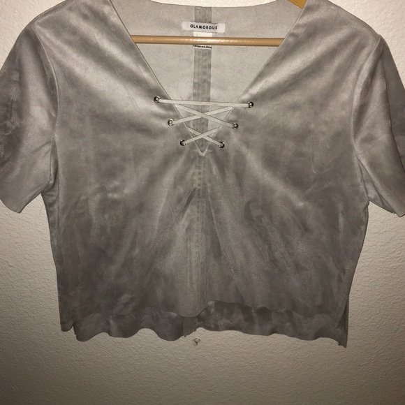 Suede Lace-Up V Neck Blouse - Picture 4 of 4