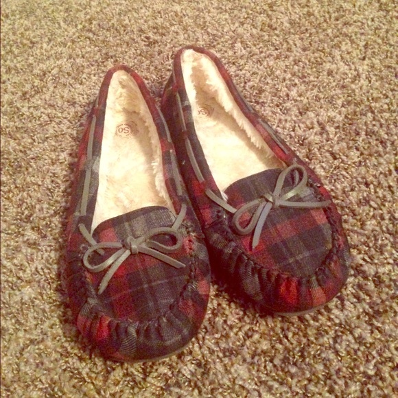 Red, black, and gray plaid moccasins