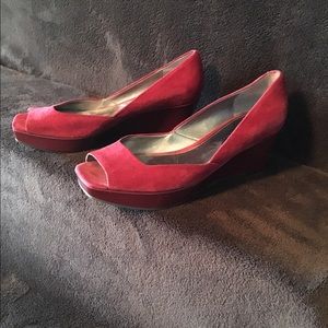 Red suede and patent leather wedge shoes