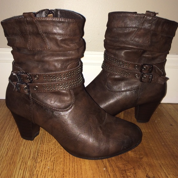 Brown faux leather heeled boots