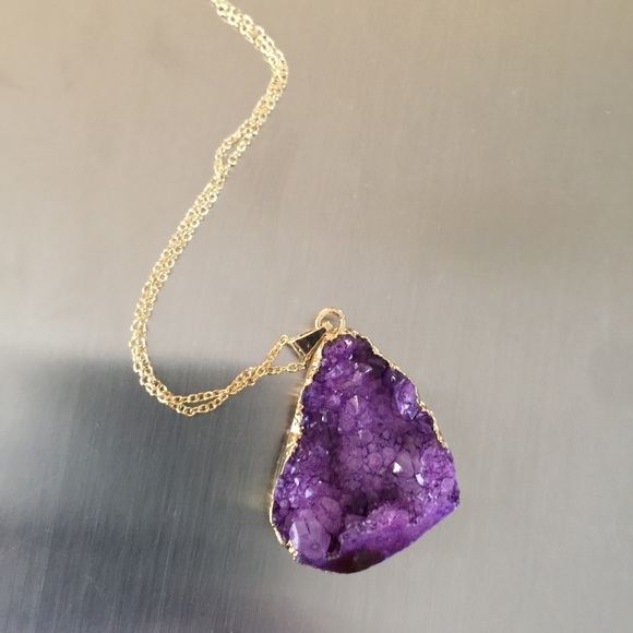 Deep Purple Crystal Druzy Gold Necklace - Picture 2 of 3