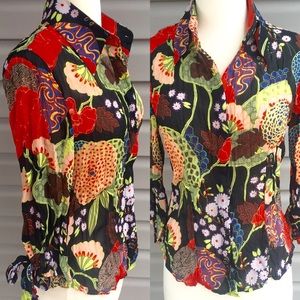 Boho Hippie Asian Print Crinkle Button Down Shirt