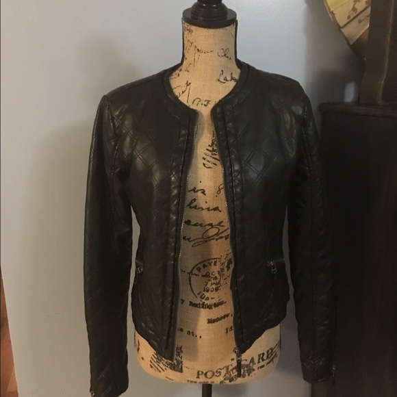 Black faux leather jacket.