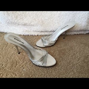 BEBE Silver Peeptoe Mule Heels