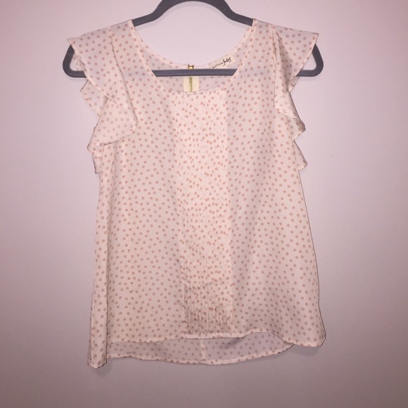 Cream and pink polka dotted ruffle sleeve blouse