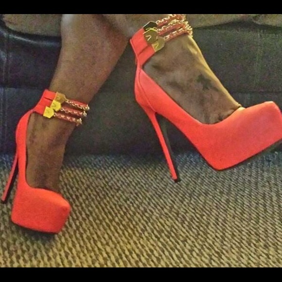 Tangerine High Polished Chain Strap Platform Heels