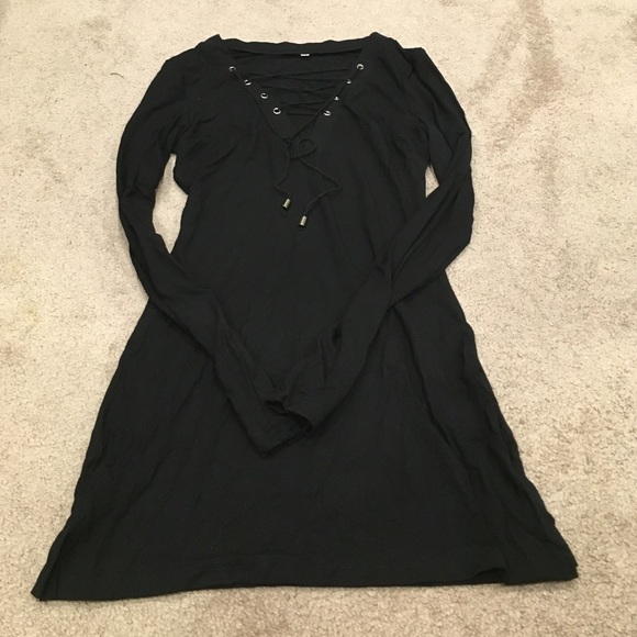 Black Long Sleeve Lace Up Dress