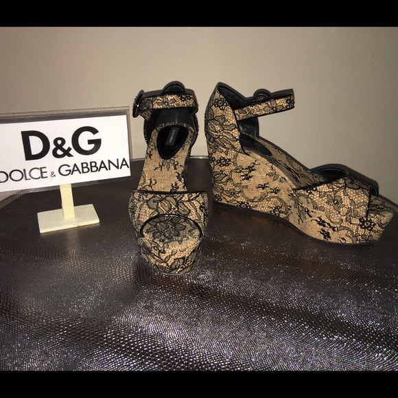 Dolce and Gabbana Black Lace Wedge Sandals Sz 38